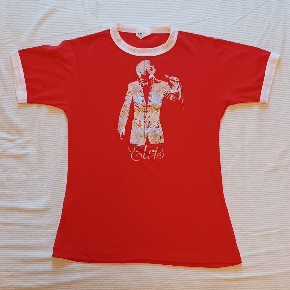 Vintage 1970s Calhoun Red & Silver Elvis Presley Ringer T-Shirt Youth Medium
